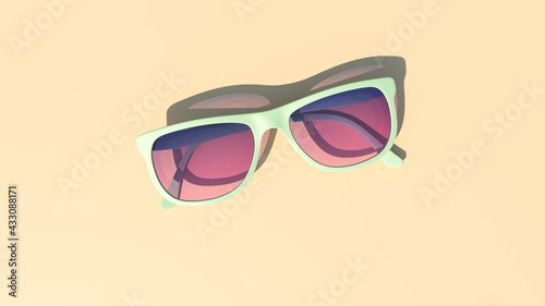 Pale Olive Green Sunglasses with Blue Pink Tinted Glass Classic Sunny Summer Holiday Fashion with Warm Sandy Coloured Background 3d illustrator render