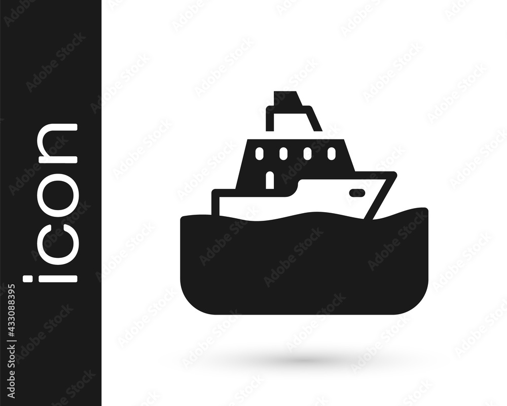 Black Cruise ship icon isolated on white background. Travel tourism nautical transport. Voyage passenger ship, cruise liner. Worldwide cruise. Vector Black Cruise ship icon isolated on white background. Travel tourism nautical transport. Voyage passenger ship, cruise liner. Worldwide cruise. Vector