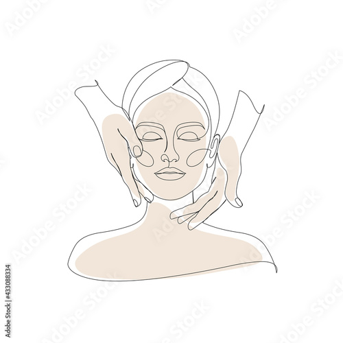 Woman face massage. Drawn with one line. Front view.