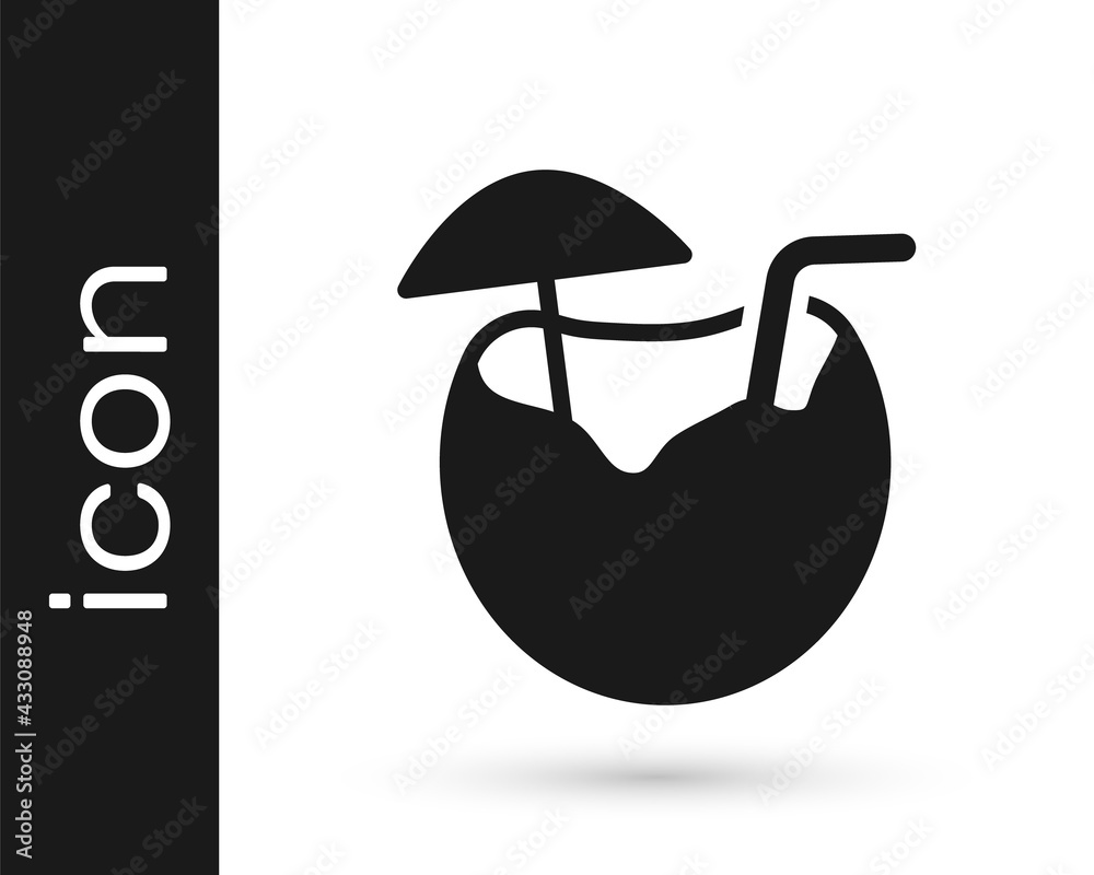 Fototapeta premium Black Coconut juice exotic fresh cocktail and umbrella icon isolated on white background. Vector