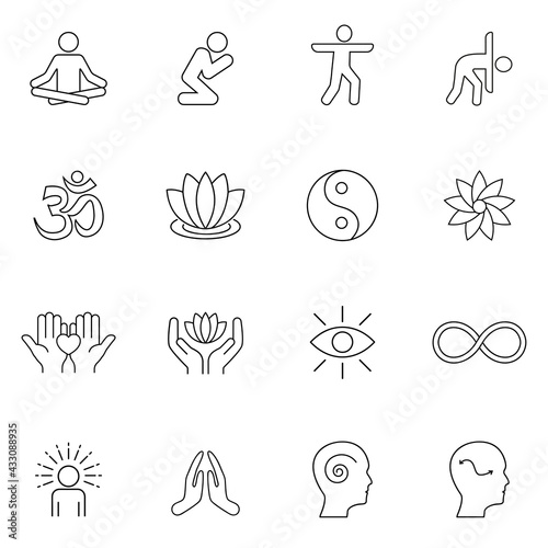 Yoga and Meditation Practice Vector Line Icons Set. Relaxation, Inner Concentration, Inner Peace. Outline symbol collection. Web Design, Mobile App. Eps10
