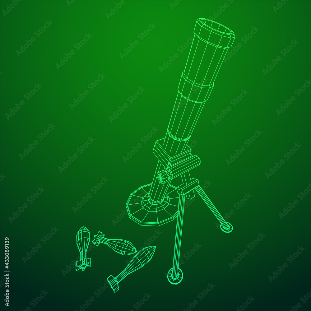 Firearm weapon army mortar and mine. Wireframe low poly mesh vector illustration Firearm weapon army mortar and mine. Wireframe low poly mesh vector illustration