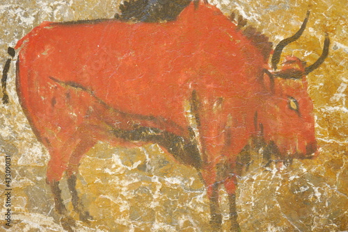 close up of a stone age cave painting showing a bison