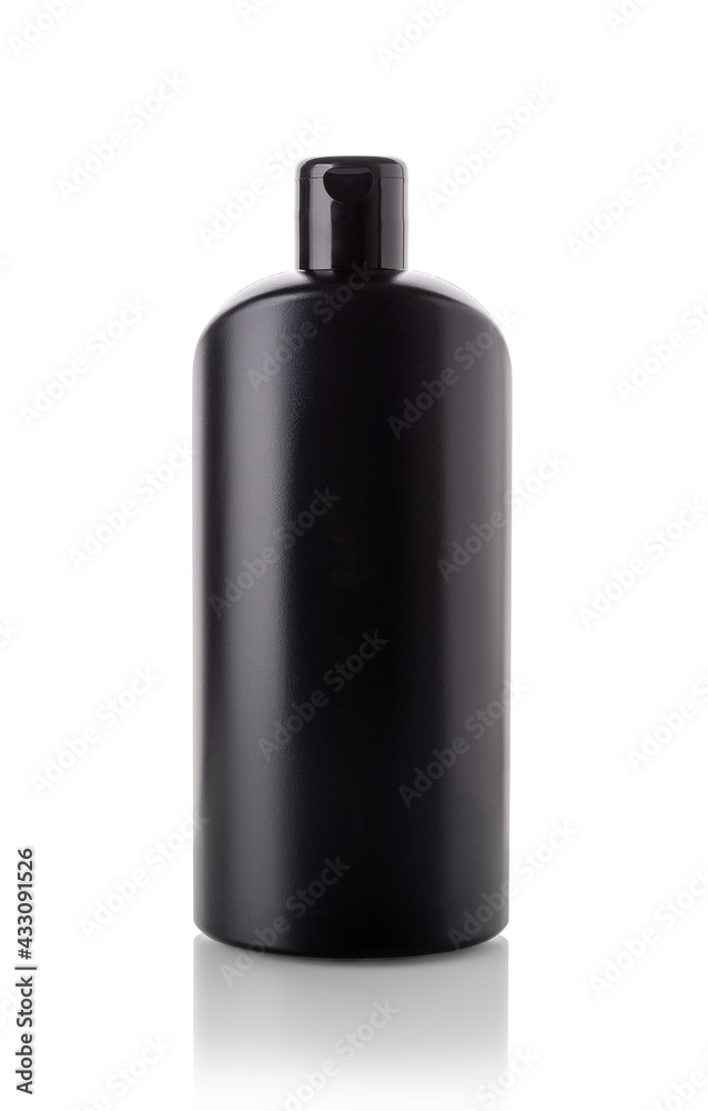Black plastic bottle for shower gel or shampoo isolated on white background. Cosmetic container without label for beauty product design and body care. Bathroom toiletries mockup. Black plastic bottle for shower gel or shampoo isolated on white background. Cosmetic container without label for beauty product design and body care. Bathroom toiletries mockup.