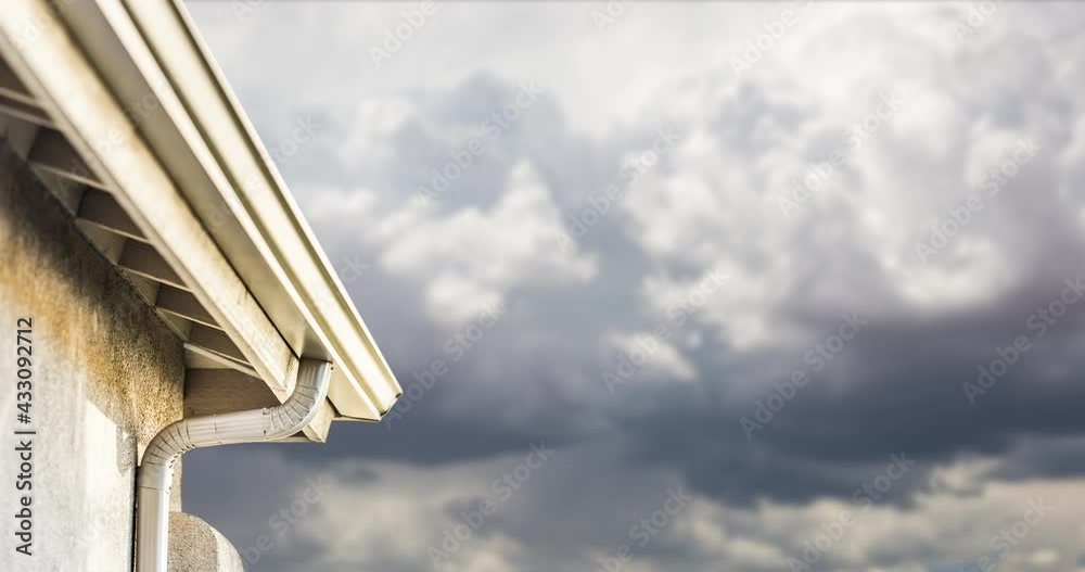 4K Newly Installed Rain Gutter and Drain Downspout with Time-lapse Storm Clouds Behind.