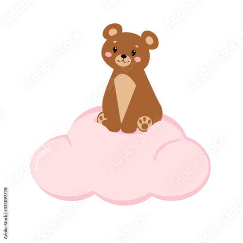 Cute teddy bear sitting on a pink cloud isolated on white background. Vector illustration for children.