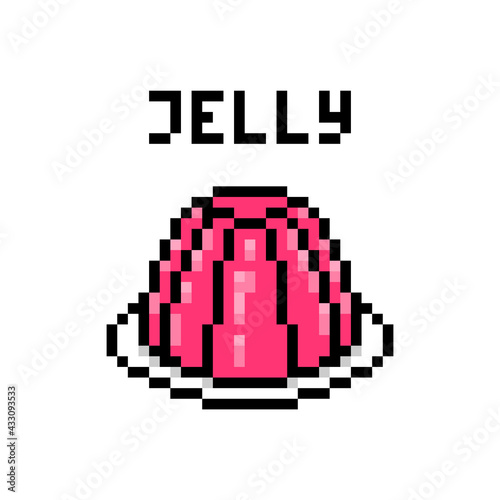Red strawberry jelly served on a plate, pixel art illustration isolated on white background. Fresh homemade gelatin berry dessert. Wedding, birthday party treat. Healthy sweet gummy marmalade pudding.