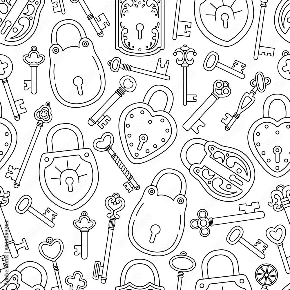 The seamless pattern with  outline retro keys and locks.
