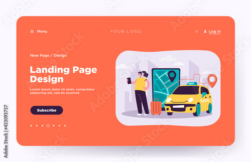 Person ordering cab to airport online. Big screen with route on city map, taxi car, passenger with luggage. Vector illustration for travel, transportation, transport service concept