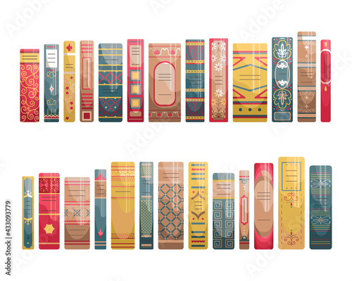A set of flat spines of books in retro style, classic editions.