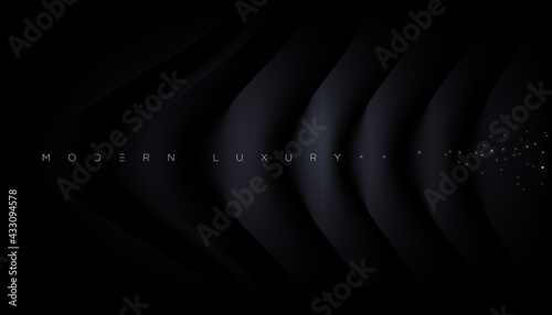 Abstract background with silk cloth texture, shiny satin curtain with waves and drapery. Vector realistic wallpaper with luxury flowing black textile. Elegant background with dark smooth material.