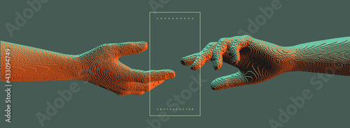 Hands reaching towards each other. Concept of human relation, togetherness or  partnership. Pixel cube art. 3D vector illustration. Can be used for advertising, marketing or presentation.