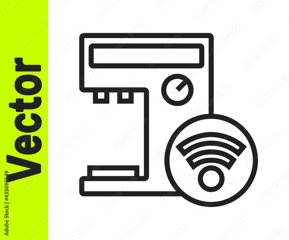 Black line Smart coffee machine system icon isolated on white background. Internet of things concept with wireless connection. Vector Black line Smart coffee machine system icon isolated on white background. Internet of things concept with wireless connection. Vector