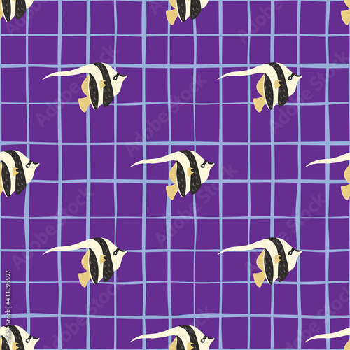 Tropic seamless pattern with imperial angelfish ornament. Purple bright chequered background.