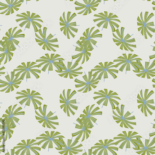 Random green palm licuala leaves seamless pattern. Pastel background. Abstract botany foliage ornament.