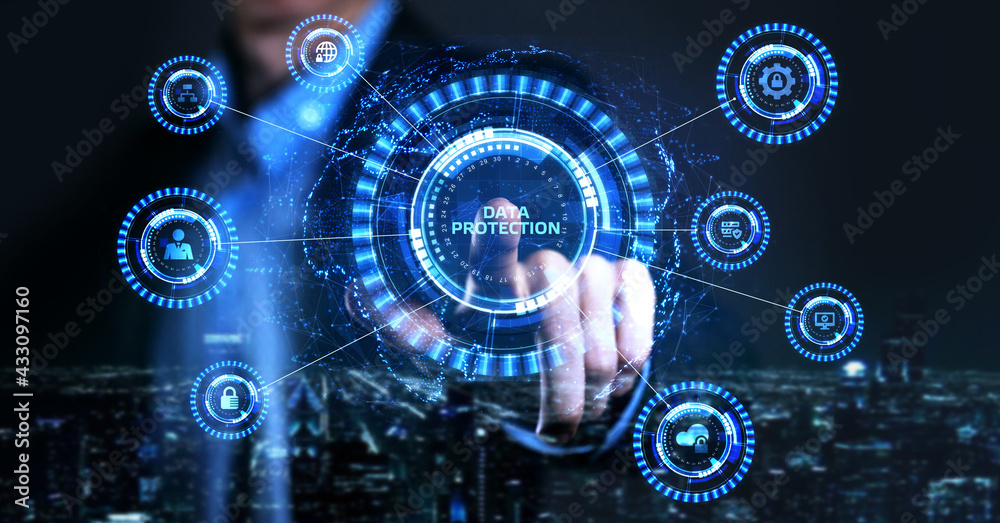 Obraz premium Cyber security data protection business technology privacy concept. Young businessman select the icon Data protection on the virtual display.