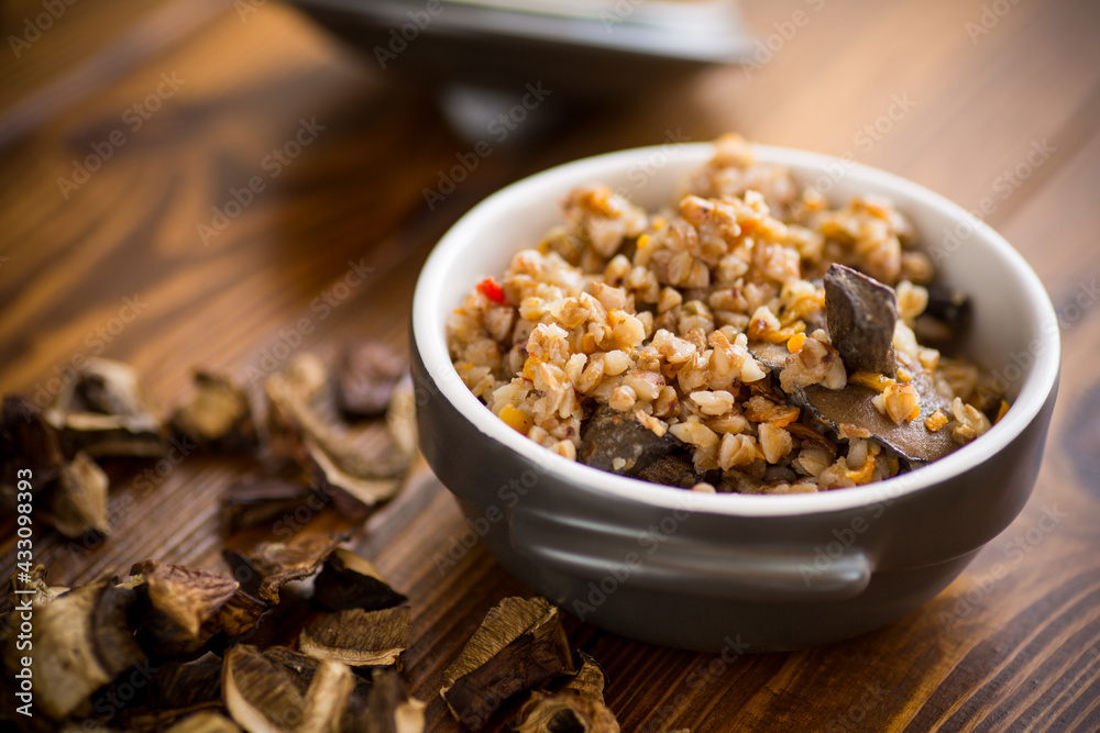 boiled buckwheat with organic forest dried mushrooms in a ceramic bowl boiled buckwheat with organic forest dried mushrooms in a ceramic bowl