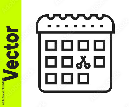 Black line Calendar with haircut day icon isolated on white background. Haircut appointment concept. Vector