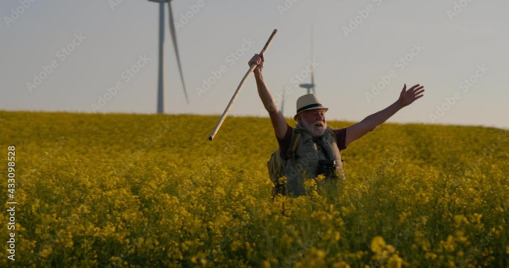 Happy grandfather with a stick and a hat spends his free time rapeseed field. Fresh air and nature for retirees. Old man in field with yellow flowers under sunset