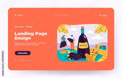 Happy couple producing natural wine isolated flat vector illustration. Cartoon male and female characters growing vines of organic grapes. Alcohol and wine production concept