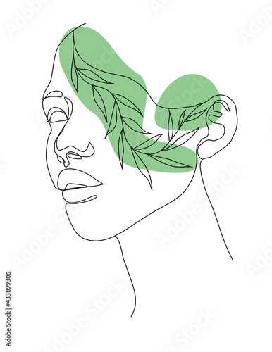 Outline woman face with flower in linear style (ID: 433099306)