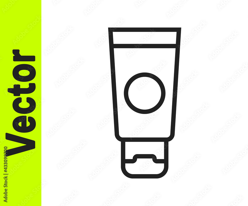 Black line Cream or lotion cosmetic tube icon isolated on white background. Body care products for men. Vector Black line Cream or lotion cosmetic tube icon isolated on white background. Body care products for men. Vector