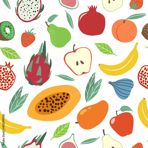 Fruits pattern. Juicy pear, apple and banana, kiwi and strawberry, peach and pomegranate natural farm product seamless vector texture. Tasty organic food with vitamins for fabric, wrapping paper