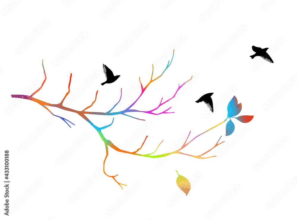 A multi-colored bare tree branch with birds . Vector illustration A multi-colored bare tree branch with birds . Vector illustration