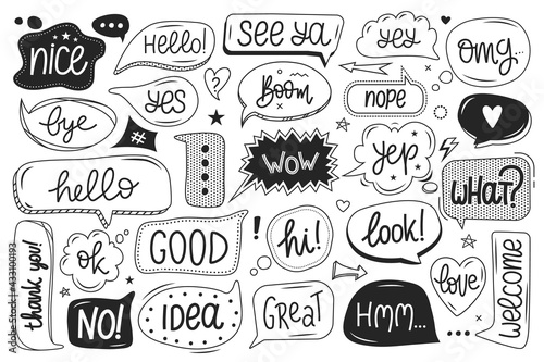 Cute speech bubble. Hand drawn talking balloons with handwritten text. Dialog text bubbles with funny words and doodle elements vector set. Black and white thinking clouds with phrases as wow, hello