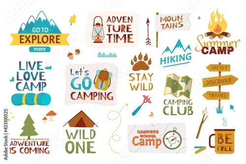 Camping lettering. Summer camp, traveling, mountain hiking. Adventure quotes and phrases with hand drawn doodle elements vector set. World exploration and discover, club emblem with equipment