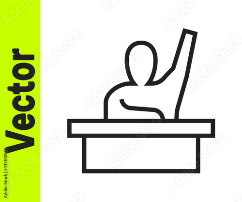 Black line Active male kid raising hand answering to teacher question icon isolated on white background. An elementary student raises his hand. Vector