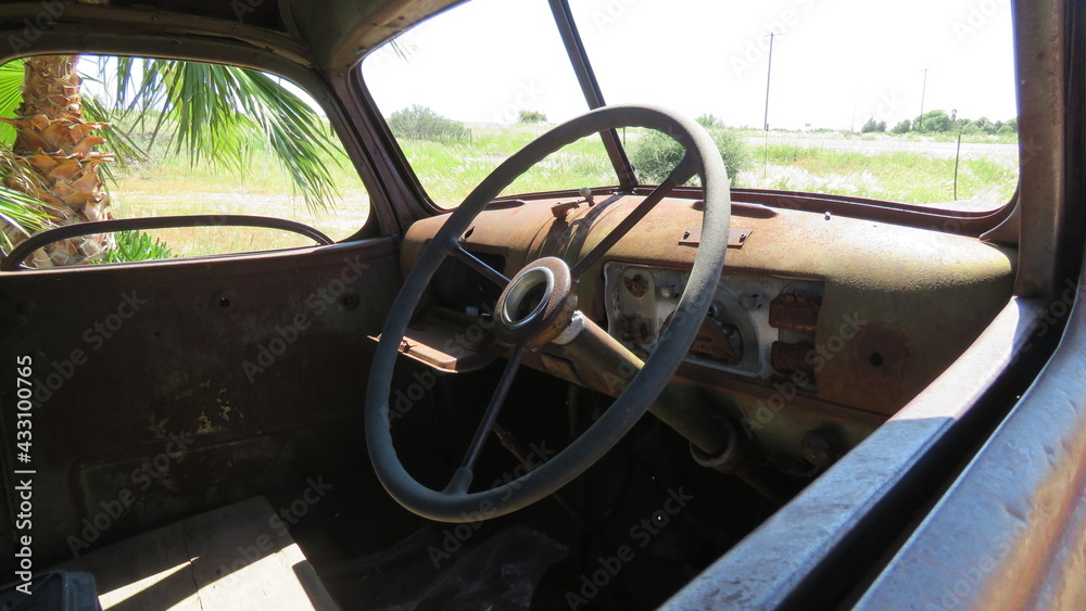 vintage steering wheel and dashboard