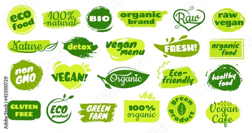 Organic eco labels. Healthy, fresh, bio, natural, gluten free, vegan food badge. Eco product logo with hand drawn elements vector set. Detox and vegetarian menu logotypes for business