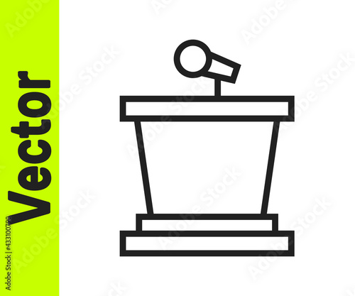 Black line Stage stand or debate podium rostrum icon isolated on white background. Conference speech tribune. Vector