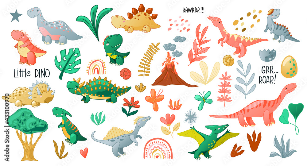 Obraz premium Cute cartoon dinosaur set. Funny dino characters for kids design. Vector illustration isolated on white background.