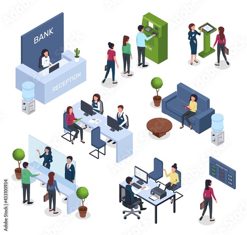 Isometric bank. Financial consultation, ATM queue, reception desk, currency exchange. 3d bank office interior with clients and workers vector set. Employees in office with visitors