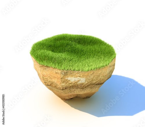 Cross section of ground with grass or grassland isolated on white background.3D rendering