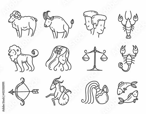Line art icon set of zodiac signs in doodle style. Vector illustration isolated on background.