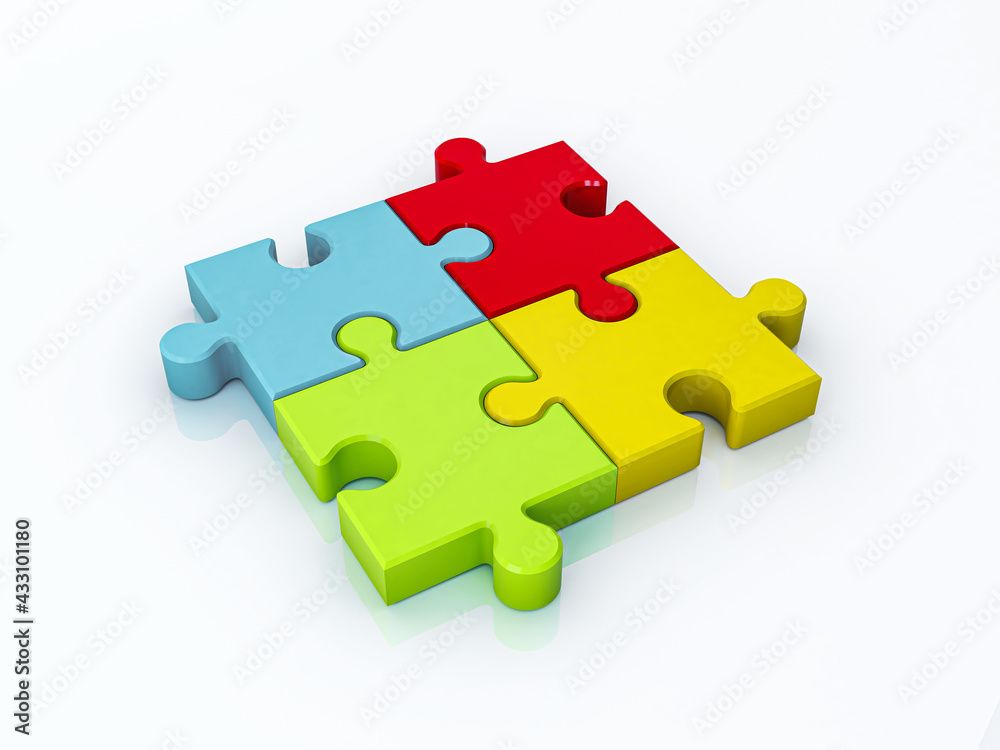 Four assembling color puzzle pieces isolated on white background. 3d Render Four assembling color puzzle pieces isolated on white background. 3d Render