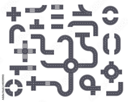 Road elements. Top view highway with footpath, ring road, crossroad, curved path. Asphalt street parts with markings for city map vector set. Way constructor for town transportation