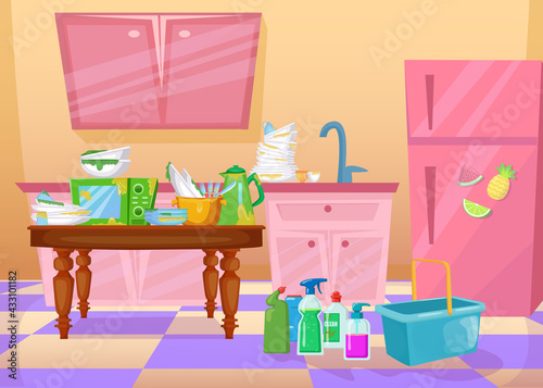 Mess in kitchen cartoon vector illustration. Dirty dishes, plates, utensils and detergents in colorful kitchen interior. Cleaning, mess, chaos concept for banner design or landing page