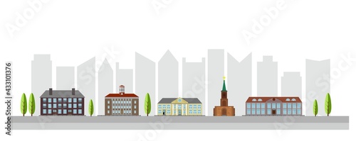 Old Medieval Town Houses with Modern City Skyscrapers in the Background