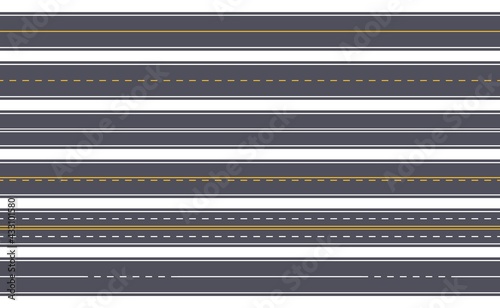 Seamless highway. Straight asphalt road with yellow and white markings. Horizontal urban city street. Empty top view roadway vector set. Construction with lanes for direction for transport