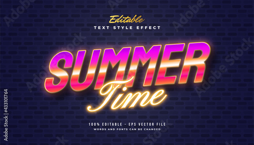 Summer Time Text in Colorful Retro Style and Glowing Neon Effect. Editable Text Effect