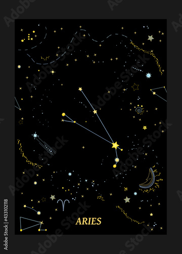 Constellation Aries on the background of galaxy with stars, moon,comet. Vector illustration photo