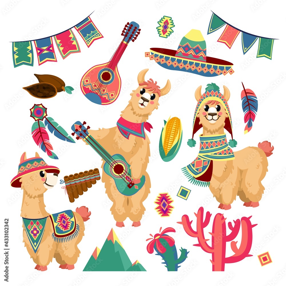 Fototapeta premium Cute llamas. Funny alpaca animal in mexican clothes with guitar, mountains, cactus and festive flag garland, chile traditional pattern vector set. Ethnic elements, plants and musical instruments