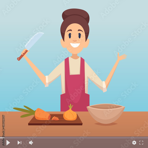 Chef channel. Cooking tv show or digital content, online blog. Housewife making dish, female chef blogger vector illustration