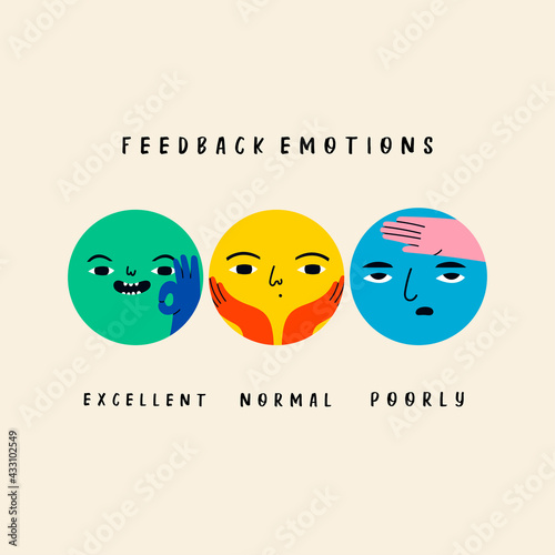 Various round Feedback emotions. Circles with faces. Different colors. Hand drawn trendy Vector illustration. Colorful Cute funny characters. Excellent, normal, poorly. Poster or sticker template
