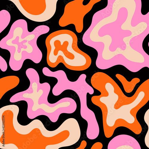 Various colorful Abstract shapes, curves. Lava lamp, petrol stain, water drips style. Retro vintage colors. Hand drawn abstract Vector seamless Pattern. Background, wallpaper, wrapping paper