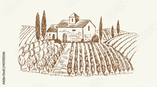 Sketch landscape with castle. Medieval farm, nature and vine plantation. Vintage vineyard, agricultural rustic vector illustration